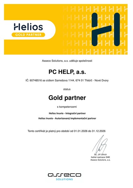 PC HELP Certifikat Helios Gold partner 2026